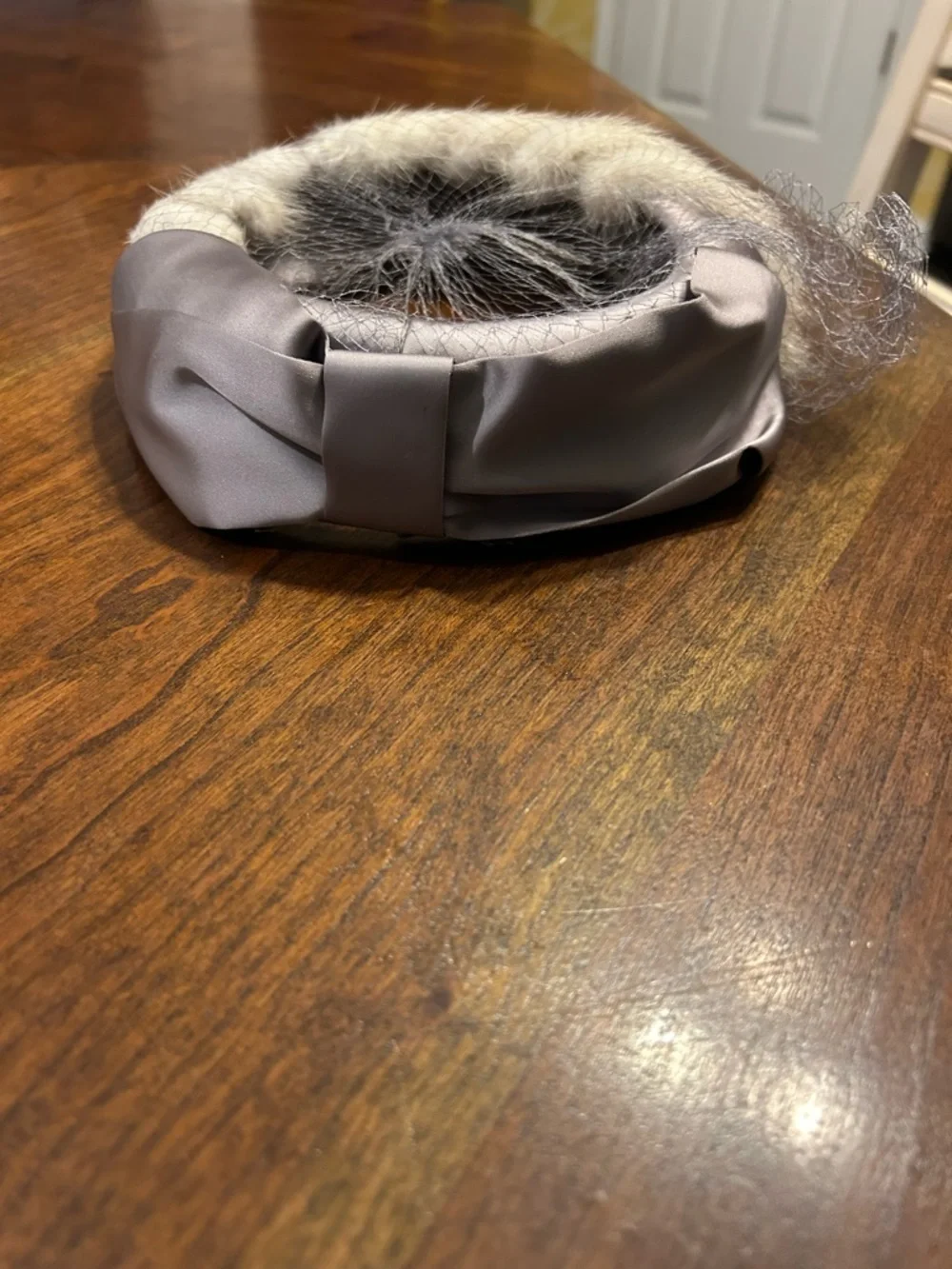 Vintage Ivory Braided Fur Headband with Gray Satin Knot and Veil - Picture 4 of 5